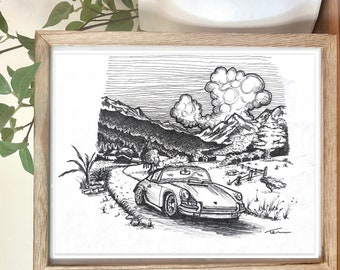 Schizzo di auto sportiva - Sharpie Porsche paesaggio disegnato campagna crociera nuvole montagna strada corsa colline campagna vintage classico