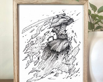 Guerriero ninja samari, dominatore dell'aria, fantasy, combattimento con la spada, Assassin's Creed, asiatico, Cina, Giappone, magia cinese, schizzo, pennarello, disegno, disegnato a mano, azione