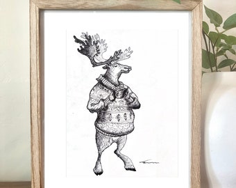Accogliente schizzo di alce - atmosfera artistica con pennarello disegnato a mano comodo cartone animato cervo animale maglione di Natale zoo fantasia caffè bere tè sorseggiando vapore