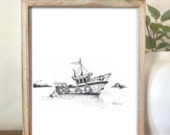 Boat sketch - original artwork sharpie floating sea lake water island skipper captain nautical sailer sailing fisherman fishing simple