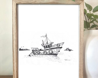 Schizzo della barca - opere d'arte originali pennarello galleggiante mare lago acqua isola skipper capitano marinaio nautico pescatore a vela pesca semplice