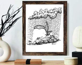 Topolino carino che si nasconde dalla pioggia - Stampa artistica naturalistica - Schizzo disegnato a mano con pennarello Sharpie