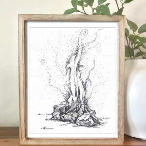 May include: A black and white pen and ink drawing of a tree with a swirling, smoke-like top, set against a white background. The tree is rooted in a cluster of rocks.