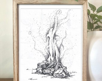 Schizzo a pennarello di un falò - opera d'arte originale spirito del fumo ceppo braciere campeggio braci fumo magico smores fiamma pietre cenere vaporoso calore