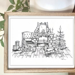 May include: A black and white illustration of a fireplace with stockings hanging from the mantle, a small Christmas tree, a chair, and two dogs. There are presents on the floor and a clock on the mantle.