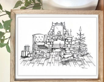 Schizzo natalizio del camino - disegno a pennarello con regali, albero di Natale, cane, divano, candele, mensola del camino, atmosfera, vibrazioni, accogliente, coperta, schizzo