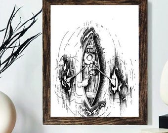 Stampa artistica di una canoa a remi con le onde dell'acqua - Schizzo disegnato a mano con pennarello Sharpie