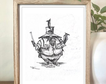 Hermit Hunter Sketch - arte con inchiostro fatto a mano cowboy uomo grasso personaggio fantasy pistola fucile uccello corvo contadino vecchio bosco soldato pennarello cartone animato