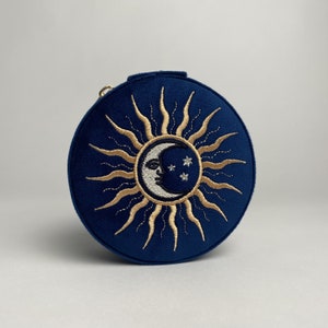 Blue Velvet Embroidered Celestial Design Round Travel Jewellery Box