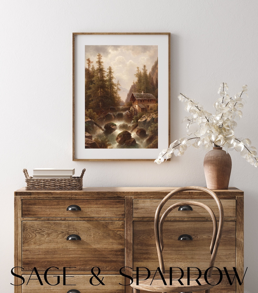 Log Cabin &amp; Stream, Rustic Printable Art, Printable Wall Art, Vintage ...