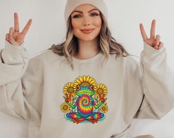 Hippie Frog Peace Sign PNG: Groovy 70s Sublimation Design (Digital Download)