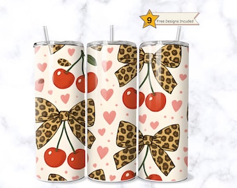 Diseño de sublimación para vaso térmico Cherry and Cheetah, diseño de sublimación para vaso térmico delgado Coquette de 20 oz con estampado de leopardo, descarga digital Seamless Coquette Cherry