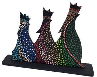 Three Kings Dot Art - Los Tres Reyes Magos Wood Decor - Hand Painted Puerto Rican Folk Art - Dia de Reyes Gift - Christmas Nativity Decor