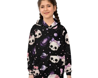 Kinderhoodie met kawaii-schedel-ruimtepatroon | Roze strik Galaxy-schedelprint