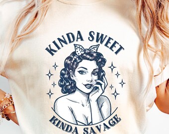 Maglietta Kinda Sweet Kinda Savage, maglietta grafica divertente, outfit casual alla moda, maglietta vintage divertente, maglietta vintage da donna, dichiarazione carina da donna