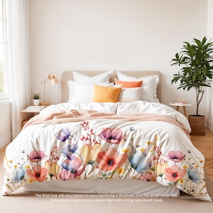 Floral Watercolor Duvet Cover: Spring Wildflowers Bedding Set, Polyester Insert and Pillow sold separately, Comforter white back
