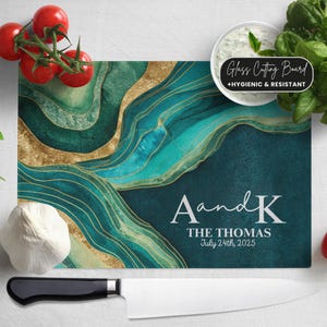 Teal Ocean Waves Glass Cutting Board: Personalized Anniversary Charcuterie Board