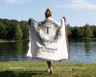 Family Name & Wedding Date, Custom Monogram For Couples Woven Blanket, Cotton Anniversary Throw, Personalized Gift For Wife or Mom