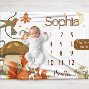 Couverture pour bébé jalon avec nom personnalisé, thème de la forêt de Globincore, première année fille garçon, cadeau de shower de bébé nouveau-né, couverture pour bébé d&#39;un mois à l&#39;autre