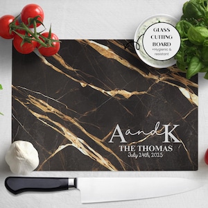 Custom Glass Cutting & Serving Charcuterie Board, Couple's initials, 7th "Copper" Anniversary Wedding Gift, Marbled effect black-gold Tones