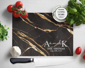 Custom Glass Cutting & Serving Charcuterie Board, Couple's initials, 7th "Copper" Anniversary Wedding Gift, Marbled effect black-gold Tones