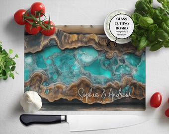 Personalized Glass Charcuterie Board: Epoxy River & Wood Effect, Custom Cutting Board, 50th Anniversary Cheese Tray, Realtor Closing Gift