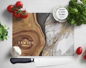 Personalized Glass Cutting Boards Wood & Marble effect, Wedding Gift for Newlyweds, Housewarming Kitchen Decor, Custom Charcuterie Tray