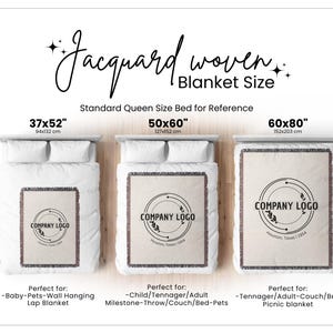 May include: Jacquard woven blankets in three sizes: 37x52 inches, 50x60 inches, and 60x80 inches. Each blanket features a company logo and is displayed on a bed. The text reads "Blanket Size" and "Standard Queen Size Bed for Reference."