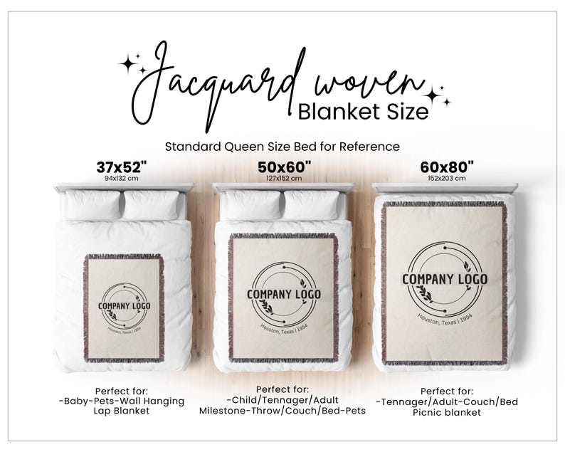 May include: Jacquard woven blankets in three sizes: 37x52 inches, 50x60 inches, and 60x80 inches. Each blanket features a company logo and is displayed on a bed. The text reads "Blanket Size" and "Standard Queen Size Bed for Reference."
