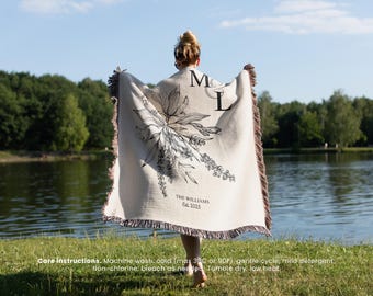 Manta tejida de algodón personalizada para aniversario: iniciales y fecha de la pareja, regalo para el segundo aniversario de la esposa o letrero para propuesta de matrimonio.