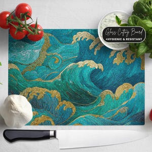 Ocean Waves Glass Cutting Board: Coastal Kitchen Decor