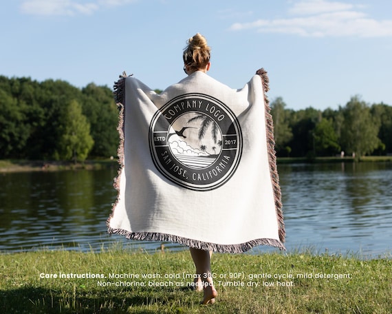 Custom Company Logo Woven Blanket, Corporate Thank You Gift for Xmas, Organic Cotton Tapestry as Business Employee Retirement Present