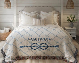 Personalized Lake House Woven Blanket, Custom Family Coastal Throw, Blue Stripe Nautical Home Decor, Realtor Closing Gift