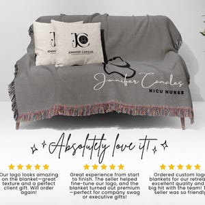 May include: A gray woven throw blanket with fringe, draped over a sofa, featuring two throw pillows. The blanket has the text "Jennifer Candes NICU Nurse" and a logo. The pillows have the text "Jenni" and "Jennifer Canales".