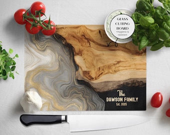 Personalized Glass Cutting Boards Wood & Marble effect, Wedding Gift for Newlyweds, Housewarming Kitchen Decor, Custom Charcuterie Tray