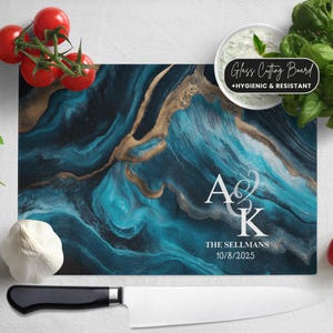 Teal and Gold Marbled Glass Cutting Board: Ocean Deep Charcuterie Board