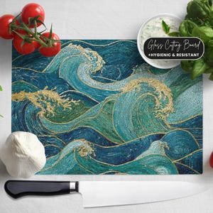 Ocean Waves Glass Cutting Board: Coastal Kitchen Decor