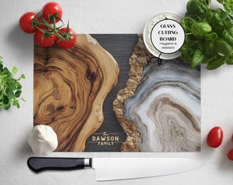 Personalized Glass Cutting Boards – Wood Grain + Geode Marble Design Effect, 50th Anniversary Charcuterie Tray, Realtor Closing Gift