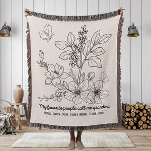 Personalized Grandma Garden Blanket: Wildflower Woven Throw, Grandkids Names