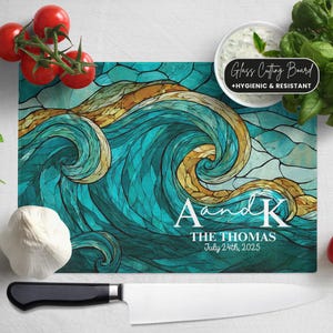 Aqua Blues Stained Glass Cutting Board: Abstract Ocean Waves Charcuterie Board