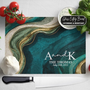 Abstract Aqua Gold Ocean Waves, Couple&#39;s Initials, Family Name/Est. Date Charcuterie Serving, Teal Tile 50th Anniversary Glass Cutting Board