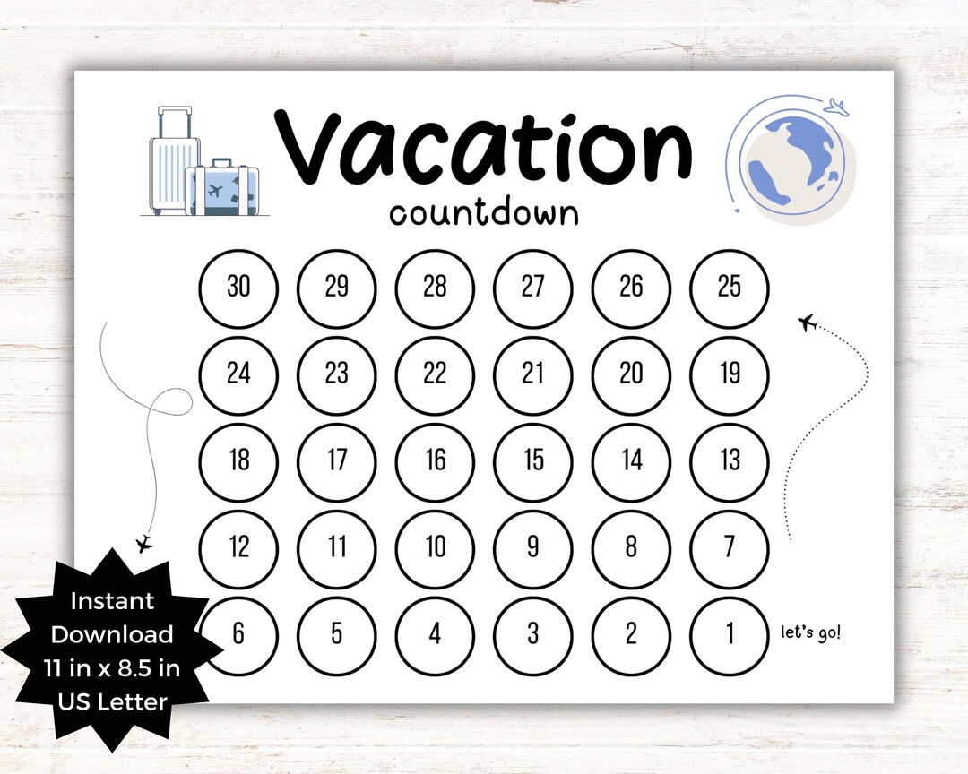 Printable Vacation Countdown Tracker | 30 Day Countdown (digital ...