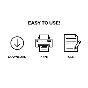 Puede incluir: F&aacute;cil de usar. Descarga, imprime y usa este documento imprimible. La imagen muestra tres iconos: una flecha de descarga, una impresora y un documento con un l&aacute;piz.