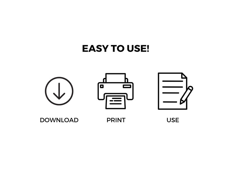 Puede incluir: F&aacute;cil de usar. Descarga, imprime y usa este documento imprimible. La imagen muestra tres iconos: una flecha de descarga, una impresora y un documento con un l&aacute;piz.