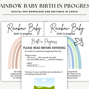 Puede incluir: Se&ntilde;al imprimible con un gr&aacute;fico de arco&iacute;ris y el texto "Rainbow Baby Birth in Progress". La se&ntilde;al incluye una secci&oacute;n para que los visitantes la lean antes de entrar, con informaci&oacute;n sobre la experiencia de la familia con el embarazo/la p&eacute;rdida de un beb&eacute;. La se&ntilde;al tambi&eacute;n incluye una secci&oacute;n para que los visitantes escriban un mensaje de apoyo.