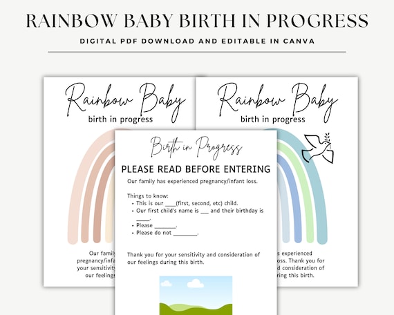 Rainbow Baby Birth In Progress Door Signs, Pregnancy After Loss, Hospital Door Sign, Baby Arrival Sign, Angel Baby Sign, Editable In Canva