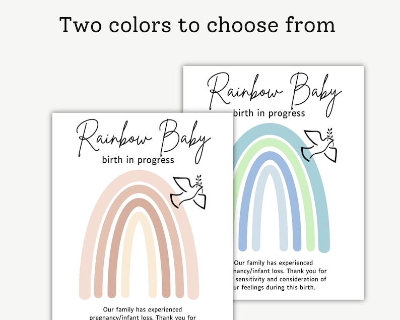 Puede incluir: Dos tarjetas imprimibles con el texto "Rainbow Baby birth in progress". Cada tarjeta presenta un arco&iacute;ris con una paloma y un mensaje sobre la p&eacute;rdida de embarazo/beb&eacute;. Una tarjeta tiene un arco&iacute;ris rosa y melocot&oacute;n, y la otra tiene un arco&iacute;ris azul y verde.