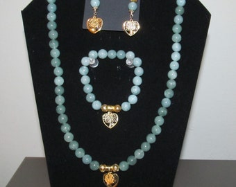 Burmese Jade Necklace, Bracelet and earring set - Handmade with  Gold  or Silver plated charms