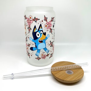 Bluey Cup, Bluey and Bingo, Springtime Bluey, Bluey Glass Cup, Bluey and Bingo Cup, 16oz Libbey Glass | Glass Cup with Lid and Straw