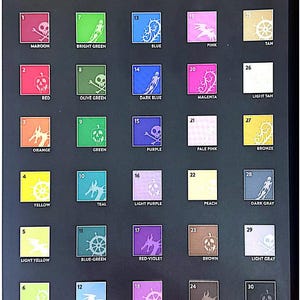 May include: Color key chart with 30 color swatches, each with a number and a name. The swatches are arranged in a grid of 5 columns and 6 rows. The colors include maroon, bright green, blue, pink, tan, red, olive green, dark blue, magenta, light tan, orange, green, purple, pale pink, bronze, yellow, teal, light purple, peach, dark gray, light yellow, blue-green, red-violet, brown, light gray, pale green, light blue, lavender, burnt umber, and black.